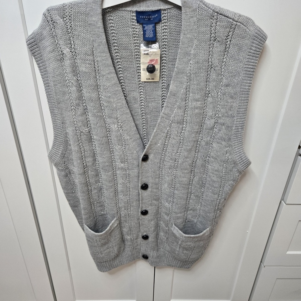 Towncraft Gray Cable Knit Button‎ Down Sweater Vest Men's XXL  Grandpacore Vtg